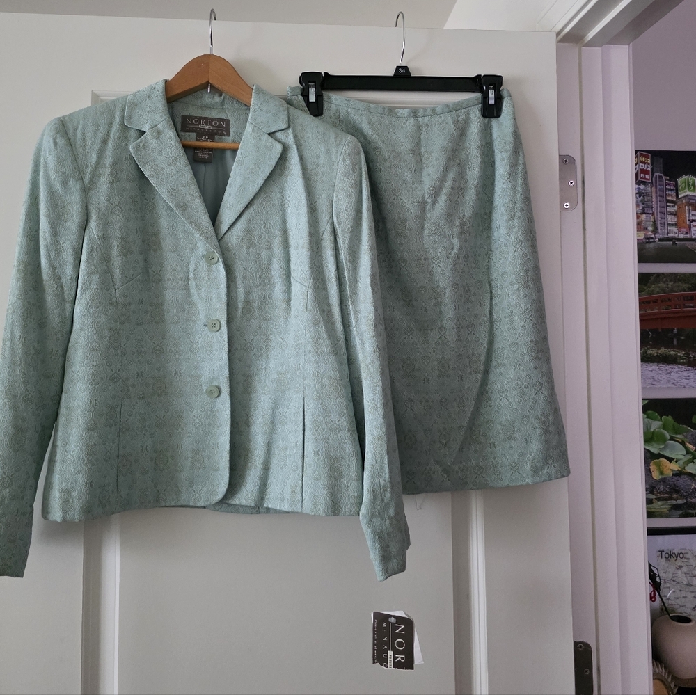 Vintage Norton Blazer Skirt Suit Set Wmns 6P Aqua Green Preppy 90s Y2k Brand New